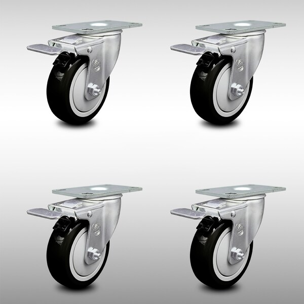 Service Caster 4 Inch SS Black Polyurethane Top Plate Caster Set Total Lock Brake SCC SCC-SSTTL20S414-PPUB-BLK-4 - main